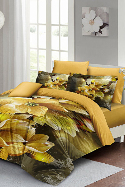 MonoHome طقم غطاء لحاف مزدوج ثلاثي الأبعاد بزهور صفراء