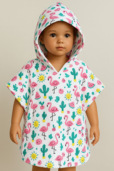 Fronte Home منشفة شاطئ بغطاء للرأس للأطفال بنمط فلامنغو