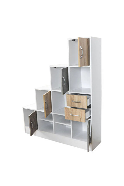 BAITY Office Shelving Unit - Malaysian Wood with 4 Tiers and Storage Drawers