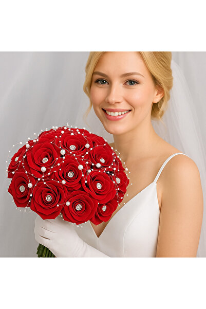 Bioren İncili Taşlı Kırmızı Kadife Gül Gelin Çiçeği