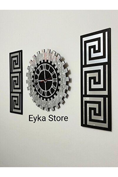 EYKA STORE Dekoratif 3 Lü Set Pleksi Gümüş Aynalı Şık Duvar Saati ve Dekoru