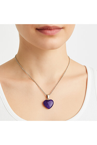 Efulim Hediyelik Amethyst Stone Heart and Crystal Necklace Set, Couple Necklace