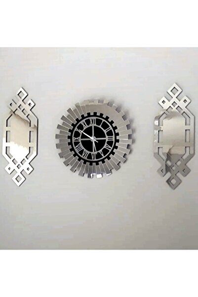 EYKA STORE Gümüş Renk Plexiglass Ayna Piyano Model Duvar Saati, Tablo 3 Parça...