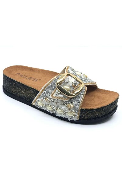 KCMN Feles Single Buckle Cork Sole Stone Detailed Women's Slippers Silver