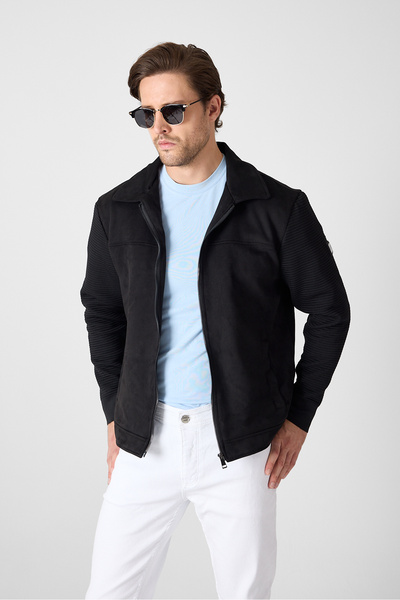GEİO Men's Regular Fit Collar Zippered Lined Sleeve Knitted Nubuck Jacket/Coat