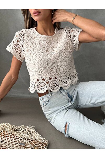 SUN STYLE Μπλούζα με διάτρητη δαντέλα με επένδυση με στρογγυλή λαιμόκοψη