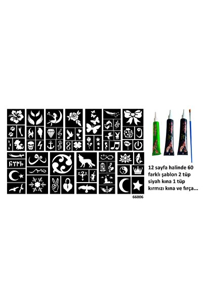 Airbrush Tattoo 12 sayfa 60 farklı Geçici Dövme Kalıbı 2 siyah 1 kırmızı kına...