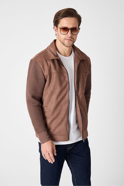 GEİO Men's Regular Fit Collar Zippered Lined Sleeve Knitted Nubuck Jacket/Coat