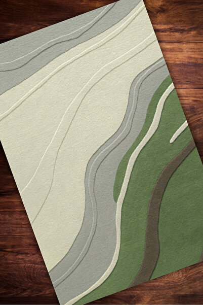 The Reef Design Dalga Desenli Modern Yeşil Halı Dijital Baskılı Dokuma Kaymaz Tabanlı Yıkanabilir Salon Halısı