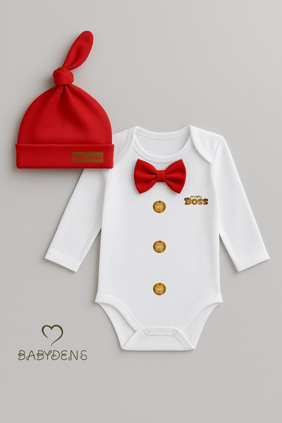 BABYDEN'S Little Boss Baby Boy Long Sleeve Snap Body and Beanie Set Button Printed with Bow Tie 100% Cotton