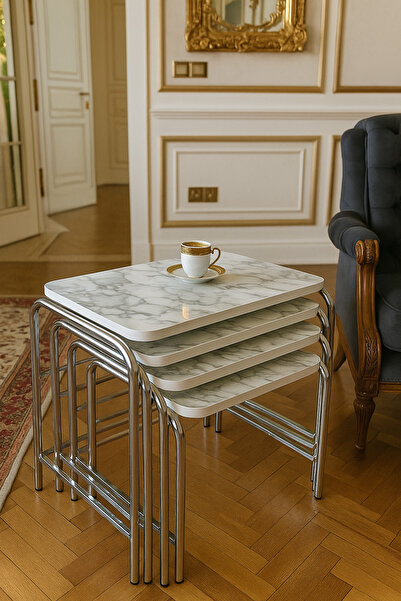 HOMEBELLA Athens Marble Masa 4'lü  Sahne Sehpa Metal Krom Nikel Ayaklı  E1 Gu...