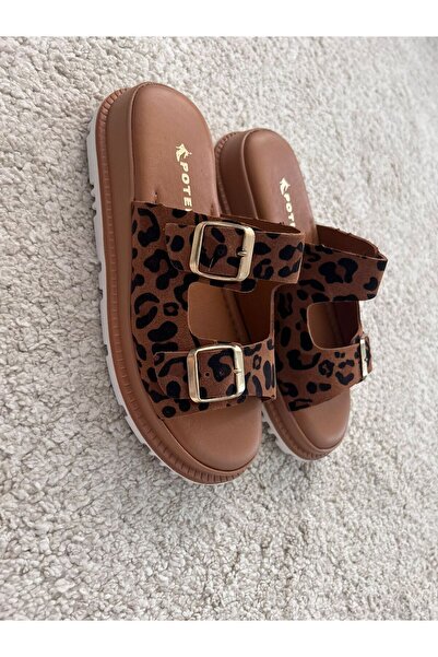 POTEEN Ptn Tari Taba Buckle Detail Genuine Leather Women's Slippers-Leopard