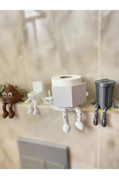 Eta3d 4'lü Klozet Banyo Süsü Seti Kaka, Klozet, Çöp Kovası ve Kitap Okuyan Tu...