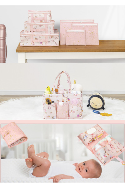 FORSACE 8 Piece Baby Bag, Diaper Bag 6 Piece Suitcase Organizer Newborn Baby Set Pink