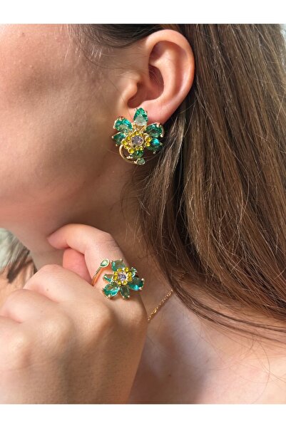 HOUSEKİ Mavi Taşlı Büyük Çiçekli Küpe