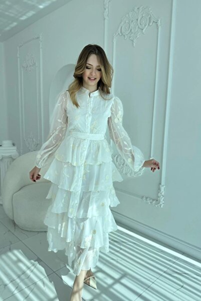 HELİS BUTİK Embroidered Carolin Fabric Flounced Layered Ecru Belted Dress