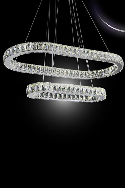 bestof tasarım Oval 2 Katlı Modern Sarkıt Kristal Taşlı Led Kumandalı 3 Renk Avize