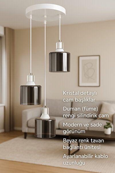 Store Beyaz 3 Lü Yuvarlak Modern Sarkıt Kristal Detaylı Mutfak Oturma Odası Salon Sarkıt Avize