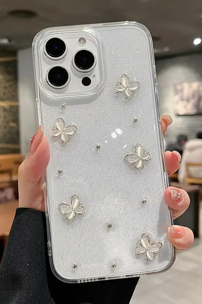 KVK PRİVACY Apple iPhone 15 Pro Compatible Case Flower Butterfly Shockproof Soft Silicone Cover