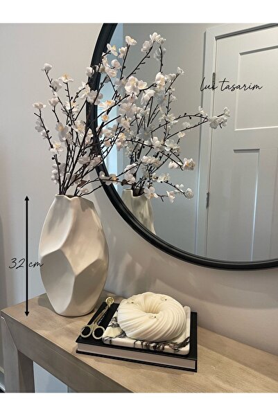 Lui Tasarım Vazo Seramik Krem Rengi Modern XL Boy 32 Cm Avrupa JApandi İskandinav Tarzı