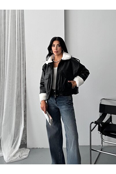 FERZOLAİO Black Leather Jacket with White Fur Collar and Bellows