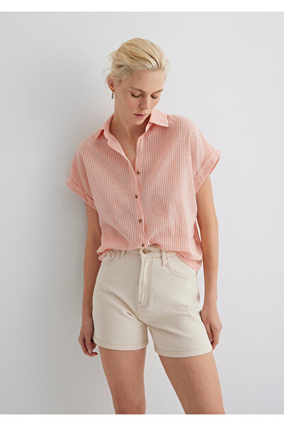 Mavi Çizgili Pembe Gömlek Loose Fit / Bol Rahat Kesim 1210445-84593