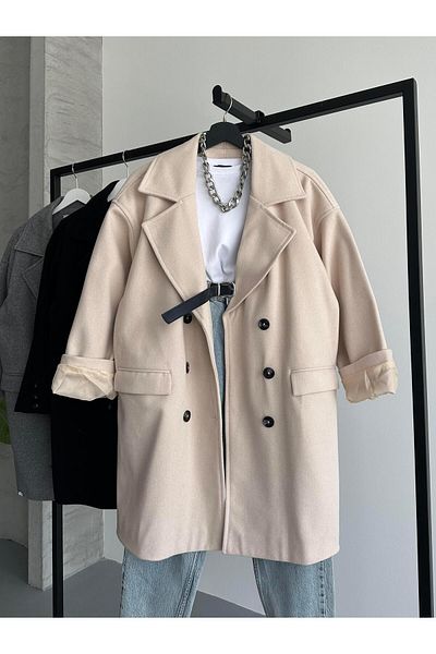FERZOLAİO Double Breasted Stone Cashmere Coat