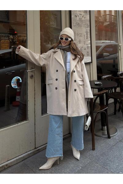 FERZOLAİO Double Breasted Stone Cashmere Coat