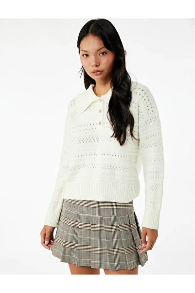 Koton Openwork Long Sleeve Stone Button Polo Neck Knitwear Sweater