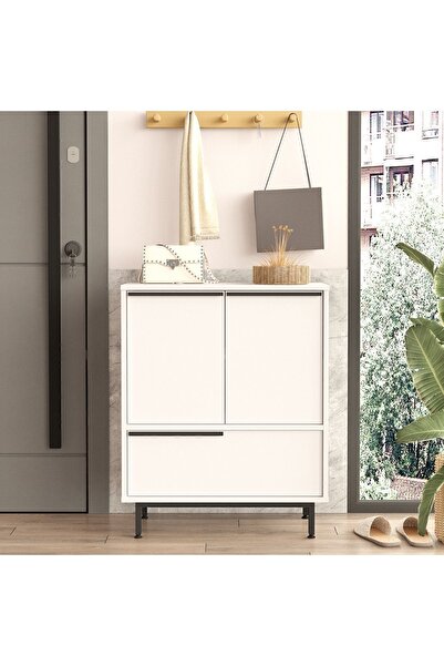 Yurupa Bohem Ayakkabılık Çok Amaçlı Dolap 3 Kapaklı Metal Ayaklı Beyaz BOH8C-W