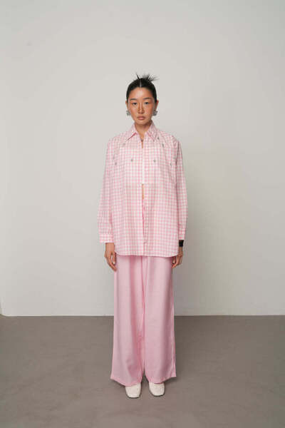 Orfeo Negro Robe Stone Embroidered Oversize Gingham Women's Shirt - Pink Plaid