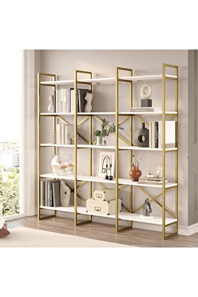 Yurupa Atlantis 175cm Gold Metal Kitaplık 5 Raflı Geniş 3 Bölme Beyaz ATL6-W