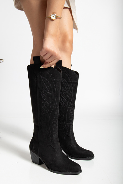 ŞIK STORE Cizme de damă din piele intoarsa neagra Ashton, brodate, în stil western, până la genunchi