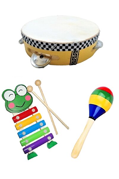 AyasEğiticiOyuncak Bebek Müzik Aleti Ksilefon, Ahşap Deri Tef Ve Renkli Marakas