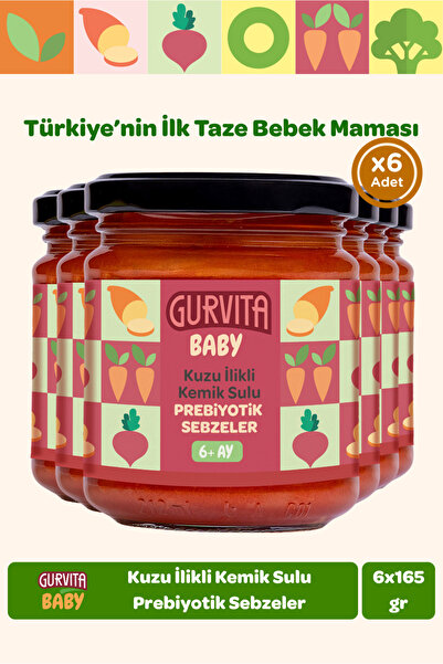 Gurvita Baby Kuzu Ilikli Kemik Sulu Prebiyotik Sebze Püreli Kavanoz Mama 165 gr 6 Adet
