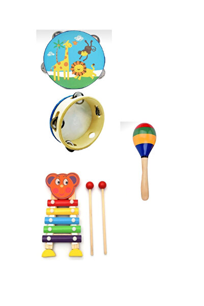 AyasEğiticiOyuncak Bebek Müzik Aleti Ksilefon, Ahşap Deri Tef Ve Renkli Marakas