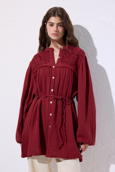 Manuka Muslin Embroidered Shirt Red