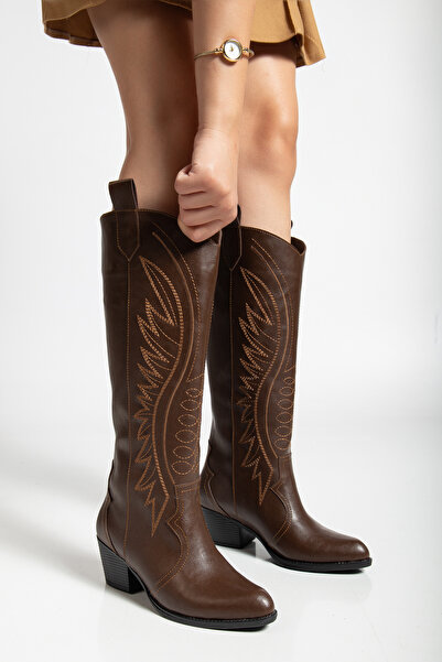 ŞIK STORE Cizme de damă Ashton maro brodate în stil western, înalte până la genunchi, din piele maro