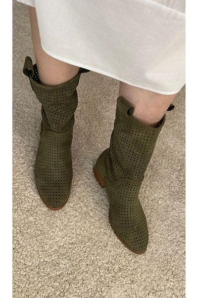 POTEEN Ptc Devine Women's Suede Short Heel Perforated Summer Boots-Beige