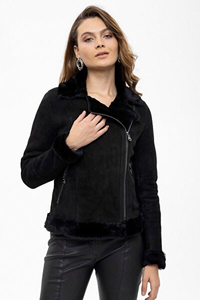 Deriderim Siyah Violet Fermuarlı Biker Hakiki Deri Kadın Kuzu Kürk Mont