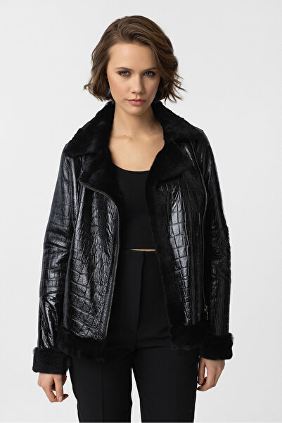 Deriderim Siyah Kroko Baskı Violet Fermuarlı Biker Hakiki Deri Kadın Mont