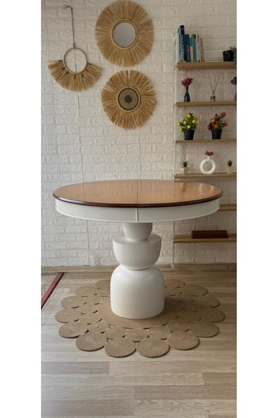 silla Concept Boğum Ayaklı Masa Naturel Ahşap Yuvarlak Üst Tablalı Beyaz Ayak...