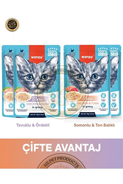 Wanpy Pouch Tavuk - Ördek & Somon - Ton Balık Yavru Kedi Yaş Maması Seti 4x70 gr