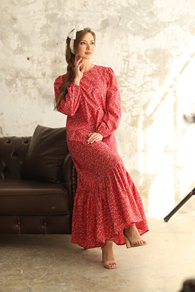 KÜÇÜĞÜM BUTİK Hijab Small Red Floral Skirt Frill Dress