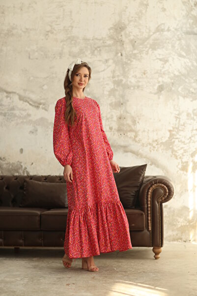 KÜÇÜĞÜM BUTİK Hijab Small Red Floral Skirt Frill Dress