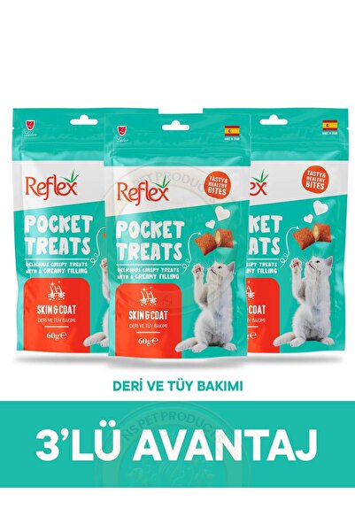 Reflex Pocket Treats Deri ve Tüy Bakımı için Kedi Ödül Maması 3lü Fırsat 3x60gr