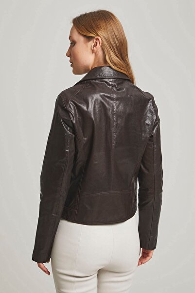 Deriderim Kahve Melody Fermuarlı Astarlı Biker Motorcu Beli Kemerli Kadın Hakiki Deri Mont