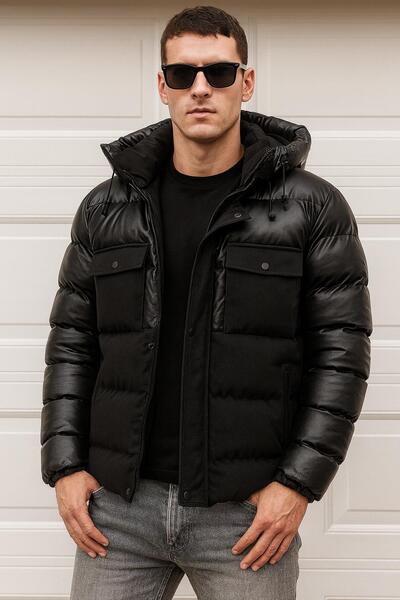 Delpino Чоловіче вузьке облягаюче пальто з капюшоном надувне з вуглецевої шкіри