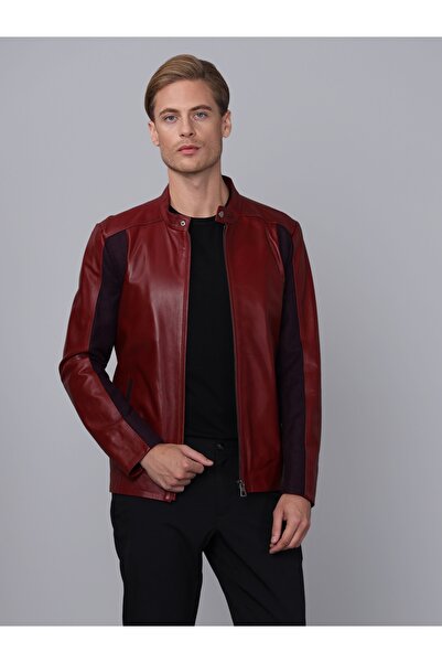 Basics&More سترة رجالية كلاسيكية من القماش السادة باللون الأحمر الداكن من جلد...