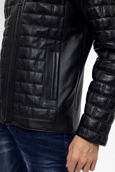 Deriderim Alfredo Siyah Fermuarlı Kapitone Dikişli Astarlı Erkek Hakiki Deri Mont